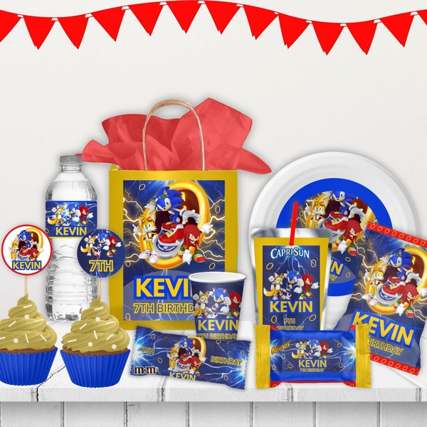 Pack de fête modifiable Sonic, Cupcake topper, Sac à chips, Modèle Sonic Hedgehog, Sonic Party Favor, Décorations d’anniversaire, Modèle numérique pour enfants