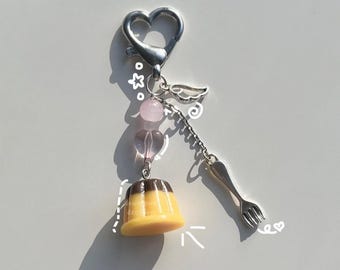 pudding cup + fork pink dtdeco heisei retro keychain <3