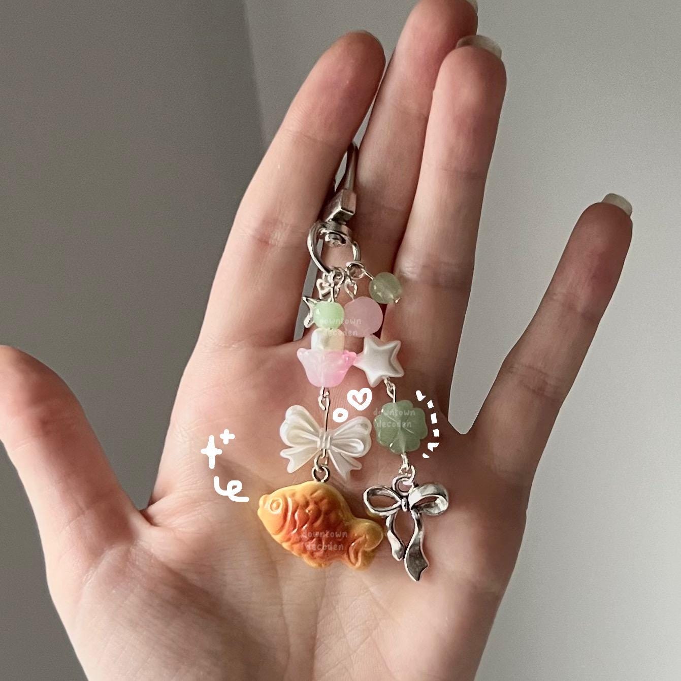 taiyaki lucky ribbon pink + green glass heisei retro dtdeco juminocore bag charm / keychain <3