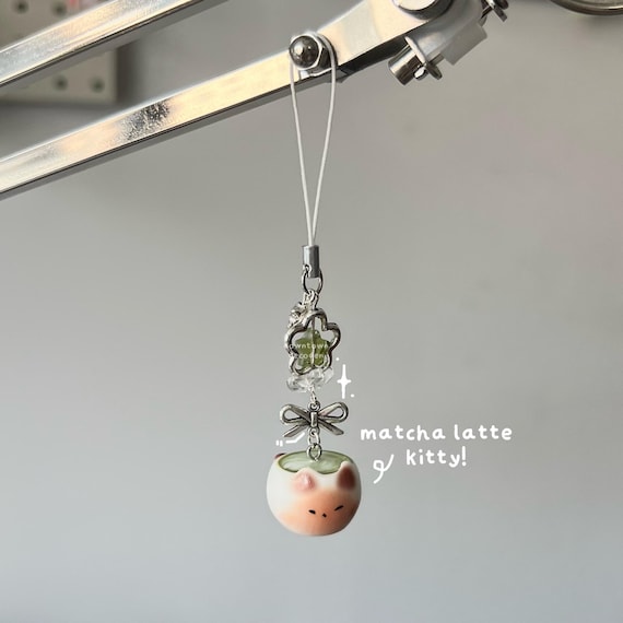 matcha kitty cat green tea heisei retro dtdeco juminocore japanese matcha phone / bag charm <3