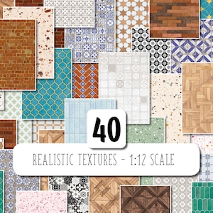 Juego de papel para casa de muñecas, megapaquete a escala 1:12. Papel tapiz imprimible, baldosas en miniatura, miniazulejos en PDF.