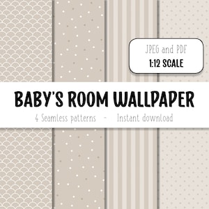 Miniatur-Tapete im Maßstab 1:12, Puppenhaus, Babyzimmer-Tapete, beige-weißes geometrisches Muster, Puppenhaus-Digitaldruck