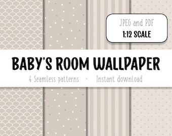 Miniature wallpaper, 1:12 scale, dollhouse, baby room wallpaper, beige and white geometric pattern, digital print.