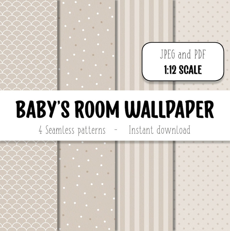 Miniature wallpaper, 1:12 scale, dollhouse, baby room wallpaper, beige and white geometric pattern, digital print. image 1