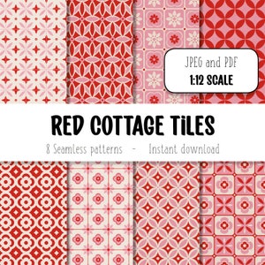 Peut inclure: Huit motifs de carreaux rouges et roses sur fond blanc. Les motifs sont sans couture et peuvent être utilisés pour une variété de projets. Le texte "RED COTTAGE TILES" est en haut de l'image. Le texte "8 Seamless patterns" est sous les carreaux. Le texte "Instant download" est sous les carreaux. Le texte "JPEG and PDF 1:12 SCALE" est dans le coin supérieur droit de l'image.