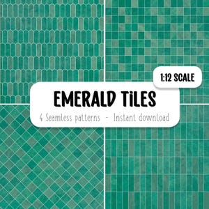 May include: Four seamless patterns of emerald green tiles in different designs. The tiles are 1:12 scale and are perfect for miniature projects.