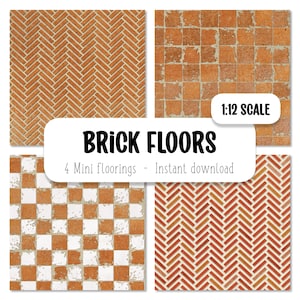 May include: Four digital paper textures of brick floors in a 1:12 scale. The textures include a herringbone pattern, a square tile pattern, a checkerboard pattern, and a diagonal herringbone pattern.