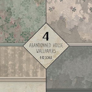 Poppenhuisbehangset, verouderde muurtextuur, miniatuur Victoriaans behang, gescheurd oud behangpatroon, schaal 1:12