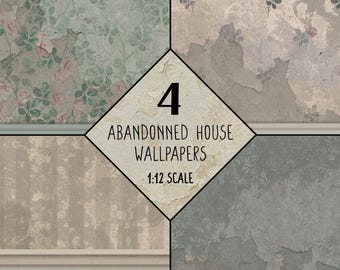 Dollhouse wallpaper set, aged wall texture, miniature Victorian wallpaper, torn old wallpaper pattern, 1:12 scale