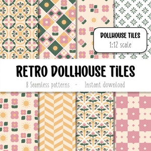 Puede incluir: Ocho patrones de azulejos retro para casas de muñecas en descarga digital. Los patrones incluyen diseños geométricos con colores rosa, amarillo y verde. El texto "Dollhouse Tiles 1:12 scale" y "Retro Dollhouse Tiles 8 Seamless patterns - Instant download" está incluido en la imagen.