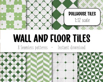 Digital paper dollhouse tiles, miniature floor and wall tiles, green geometric pattern, digital print Dollhouse tiles