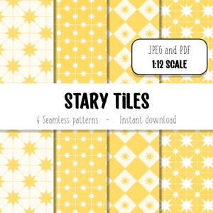 Peut inclure: Quatre motifs sans couture de carreaux jaunes et blancs avec un motif d'étoile. Le texte "JPEG et PDF 1:12 SCALE" est en haut de l'image. Le texte "STARY TILES 4 Seamless patterns - Instant download" est en bas de l'image.