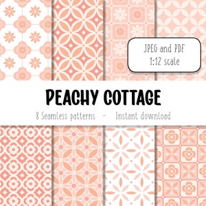 Peut inclure: Huit motifs géométriques sans couture en pêche et blanc. Les motifs sont disposés en grille avec le texte "PEACHY COTTAGE" et "8 Seamless patterns - Instant download" sous la grille. Le texte "JPEG and PDF 1:12 scale" est dans un rectangle blanc dans le coin supérieur droit de l'image.