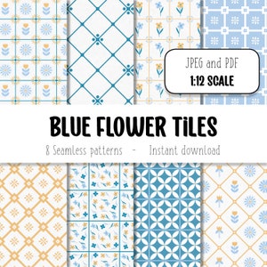 Peut inclure: Huit motifs de carreaux sans couture avec des fleurs bleues et jaunes sur fond blanc. Les motifs comprennent une grille, une grille diagonale, un motif circulaire et un motif floral. Les fichiers JPEG et PDF sont inclus dans le téléchargement. Échelle 1:12.