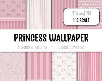 Miniature wallpaper 1:12 scale, miniature dollhouse, pink princess bedroom/living room wallpaper, digital print, Dollhouse