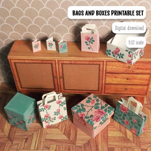 Miniature gift boxes, set of boxes for 1:12 dollhouse, miniature flower bags, mini shopping bag, mini gifts