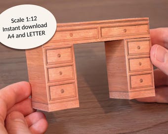 Do druku meble w skali 1:12, biurko do domku dla lalek, wzór na meble w stylu wiktoriańskim, projekt mebli papierowych DIY, pobierz