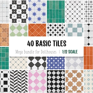 May include: A collection of 40 basic tile patterns in a variety of colors and designs, including black and white, green, blue, orange, and pink. The tiles are arranged in a grid pattern and are labeled "40 BASIC TILES" and "Mega bundle for Dollhouses | 1:12 SCALE".