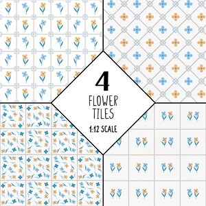 Dollhouse paper set, tile texture, floral tiles for miniature kitchen, printable resource for 1:12 scale DIY