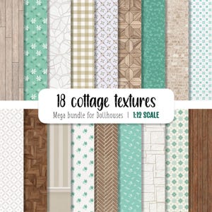 May include: A collection of 18 digital paper textures for dollhouses, featuring a variety of patterns and colors, including wood, brick, tile, and floral designs. The textures are in a 1:12 scale.