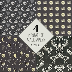 Papier-peint pour maison de poupée, papier miniature gothique, papier digital maison hanté, papier-peints décor sorcière, échelle 1:12ème