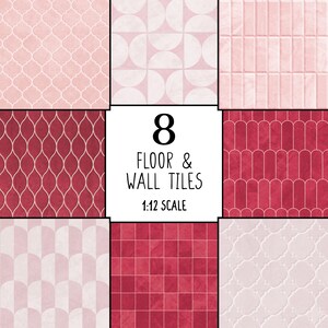 Lot de carrelage rose et blanc échelle 1:12,revêtement de sol et de mur pour maison de poupée, miniature de carreaux géométriques à imprimer
