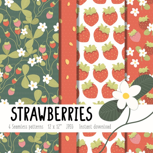 4 papiers numériques fraises, Motifs sans couture fruit rouge, impression textile, papeterie, scrapbooking, sublimation, impression digitale