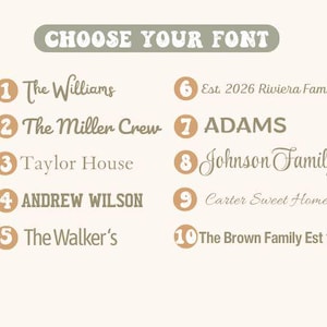 May include: A graphic with the text "CHOOSE YOUR FONT" at the top. Below are ten font options, each with a number and a family name, such as "The Williams" and "The Miller Crew". The font options are in a mix of serif and script fonts.