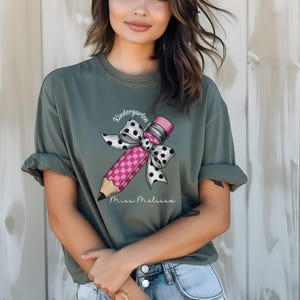 Personalized Back to School Teacher T- Shirt, Retro Teacher Coquette Pencil Bow Tee, Comfort Colors First Day of School Teacher Gift Apparel