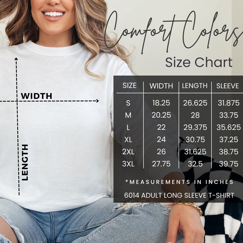 K&ouml;nnte beinhalten: Gr&ouml;&szlig;entabelle f&uuml;r ein Langarmshirt mit Ma&szlig;en in Zoll f&uuml;r Breite, L&auml;nge und &Auml;rmell&auml;nge. Die Gr&ouml;&szlig;en umfassen S, M, L, XL, 2XL und 3XL.