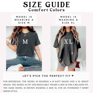May include: A size guide for Comfort Colors t-shirts featuring two images. The left image shows a charcoal grey t-shirt in size M, and the right image shows the same t-shirt in size XL. Text includes SIZE GUIDE, Comfort Colors, M, XL, and fit details.