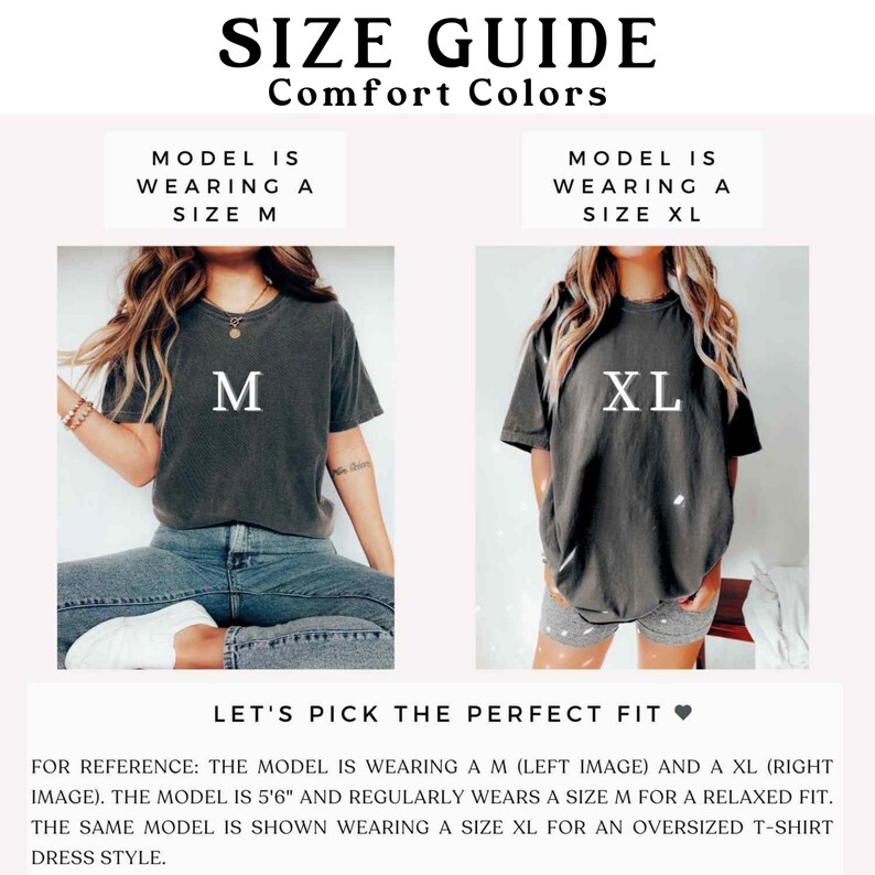 May include: A size guide for Comfort Colors t-shirts featuring two images. The left image shows a charcoal grey t-shirt in size M, and the right image shows the same t-shirt in size XL. Text includes SIZE GUIDE, Comfort Colors, M, XL, and fit details.