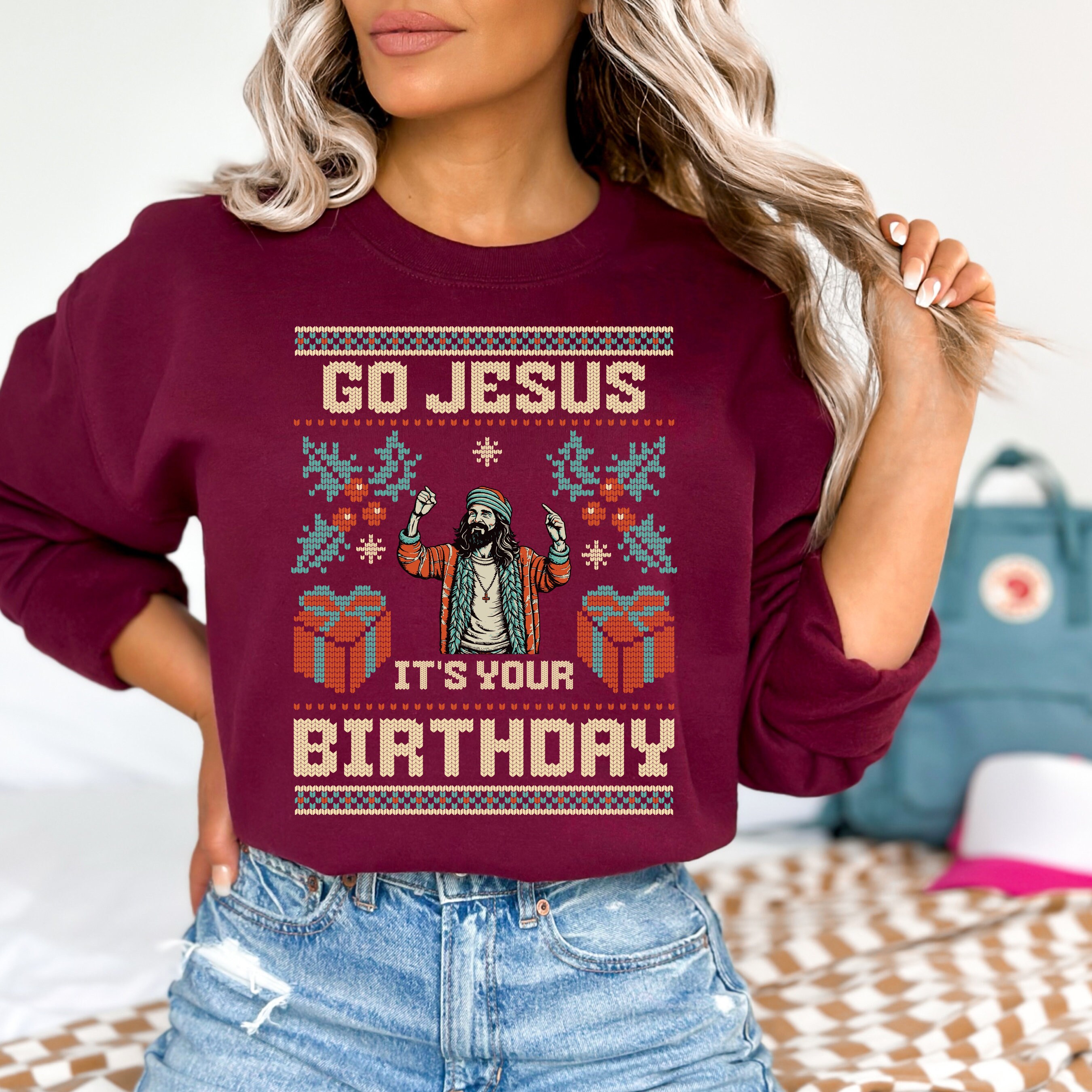 Go Jesus Birthday Ugly Christmas Sweater - Lustiger Weihnachtspullover Mit Spruch (Langarmshirt)
