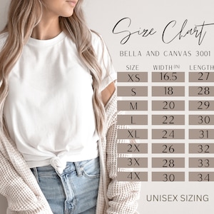 May include: Size chart for Bella + Canvas 3001 unisex t-shirts, showing width and length measurements in inches for sizes XS to 4X.