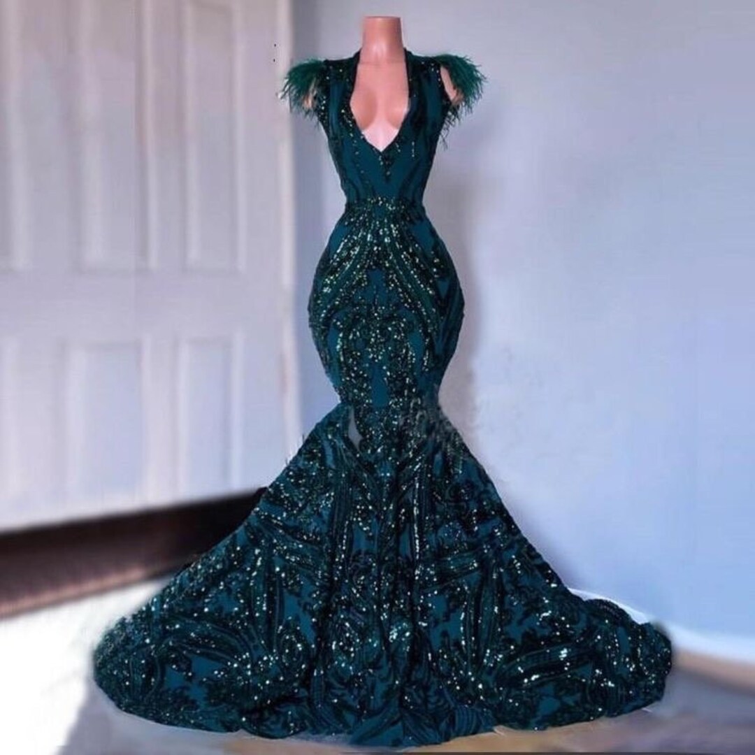 Emerald Green Evening Gown, Prom Dress, Mermaid Evening Dress, Sheer ...