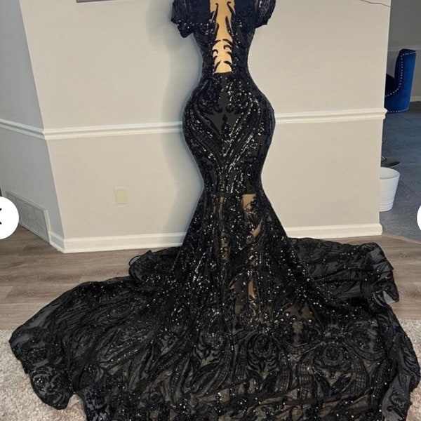 Black Evening Gown, Prom Dress, Mermaid Evening Dress, Sheer Corset Mermaid Lace Dress, Asoebi Dress,Owambe Dress,Wedding Reception Dress