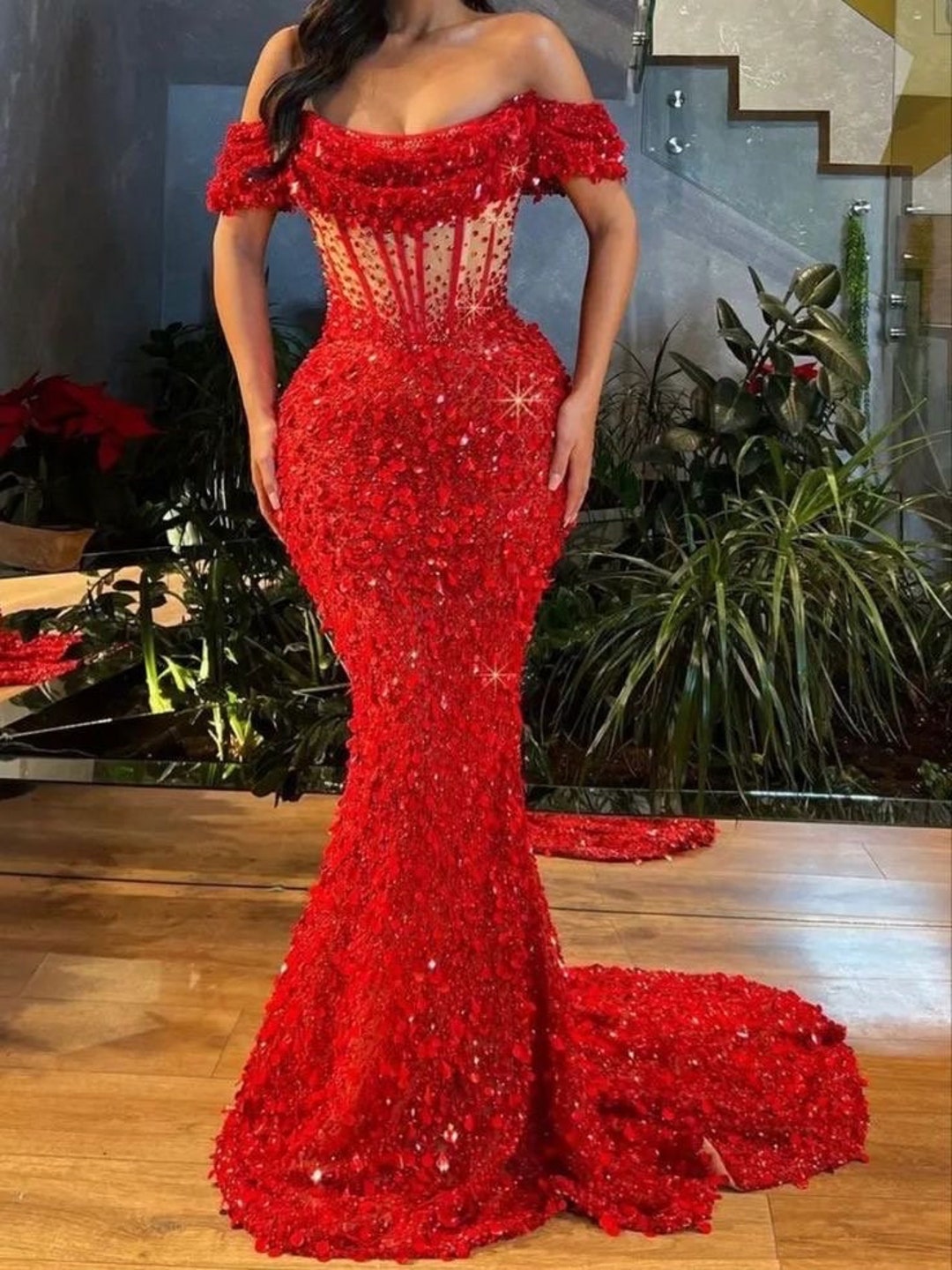Red Custom Luxury Dress Embellished Floor Length Satin Mermaid Prom ...