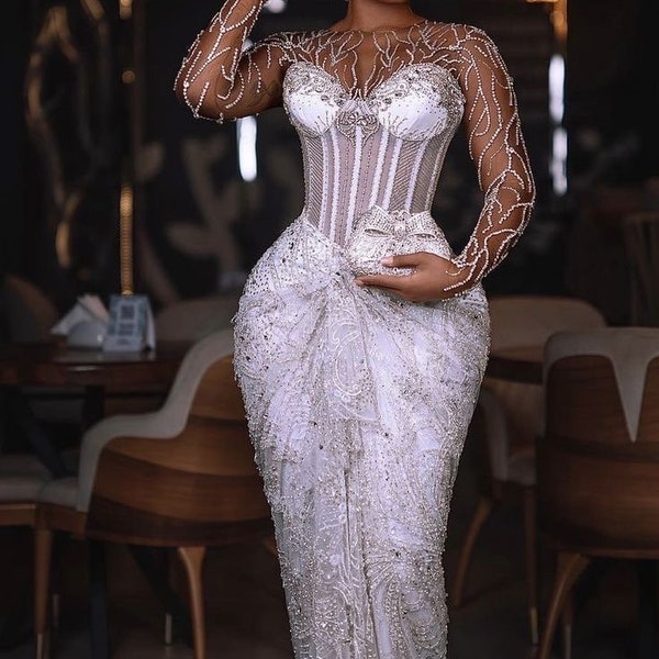 Nigerian Lace Custom Dress Luxury Embellished floor length satin mermaid prom women evening dress,African women dress, wedding reception