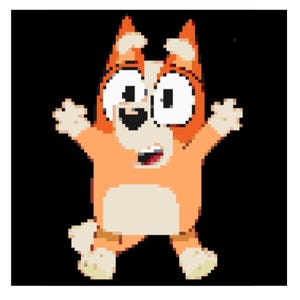 Può includere: Un cane di cartone animato con pelliccia arancione e bianca, occhi grandi e bocca spalancata. Il cane è in piedi sulle zampe posteriori con le braccia distese.