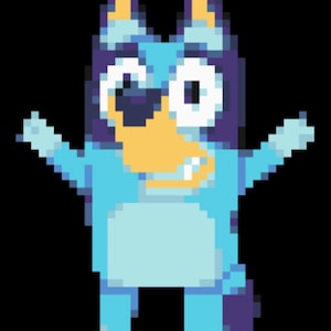 May include: A blue and purple pixelated cartoon dog with a big smile and large eyes. The dog is standing with its arms outstretched.