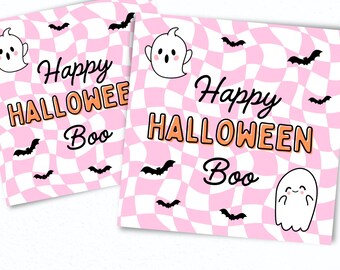May include: Two square gift tags with a pink and white checkered pattern. Each tag features the text "Happy Halloween Boo" in black and orange, along with cartoon bats and ghosts. A festive design for Halloween.