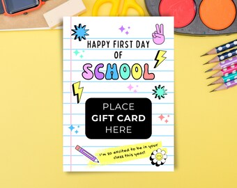 Printable Happy First Day of School Gift Card Holder, Bright Groovy Back To School Teacher Gift, Coffee Card Holder, Welcome Back To School