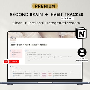 May include: A laptop computer screen displaying a Notion workspace with the title "Second Brain + Habit Tracker + Journal". The workspace includes sections for tasks, habits, and a diary. A play button with the word "TUTORIAL" is visible on the left side of the screen. A 15-minute consultation call is offered.