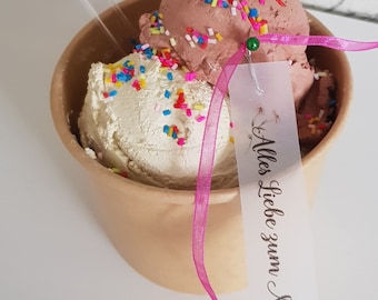Fake-Eis mit Botschaft Muttertag Fakeice gefälschte Eiskugeln Vanille-Schoko Eisbecher mit Streusel Geschenk Muttertag