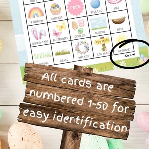 May include: A set of 50 Easter bingo cards with images of Easter-themed items like bunnies, eggs, and flowers. The cards are numbered 1-50 for easy identification. The text on the card reads "Card #1".