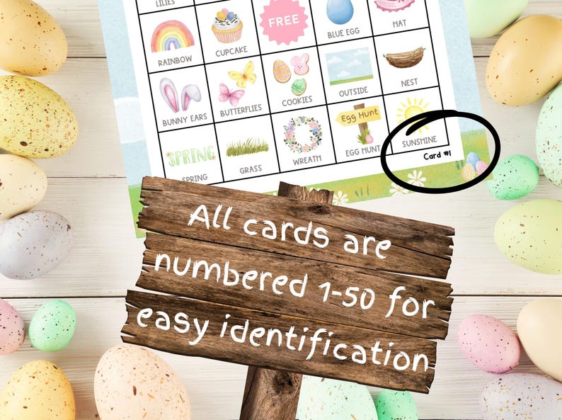 May include: A set of 50 Easter bingo cards with images of Easter-themed items like bunnies, eggs, and flowers. The cards are numbered 1-50 for easy identification. The text on the card reads "Card #1".