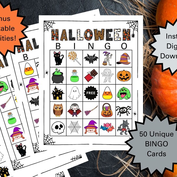 BINGO de Halloween, Juegos de Halloween para niños y adultos, Juego de fiesta en el aula de Halloween, Actividades familiares de Halloween, BINGO precargado imprimible