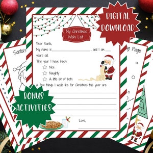 Druckbarer Brief an den Weihnachtsmann, Bonus-Weihnachtsaktivitäten, Weihnachtsbriefvorlage für Kinder, Weihnachtswunschliste, Weihnachten druckbarer digitaler Download