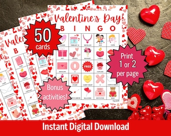 Valentine&#39;s Bingo, Valentine Bingo Cards, Valentine&#39;s Bingo Printable for Kids, Class Party Valentine&#39;s Bingo, Printable Valentine&#39;s Bingo