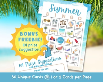 Pode incluir: Um cartão de bingo de verão imprimível com imagens de óculos de sol, sandálias, uma mala, uma bola de praia, conchas, uma palmeira, um trailer de viagem, bagas, uma praia, um parque, uma cadeira de praia, um pêssego, um picolé, uma melancia, uma rede, protetor solar, sorvete e fogos de artifício. O cartão faz parte de um conjunto de 50 cartões únicos e inclui um bônus gratuito de 101 sugestões de prêmios para crianças e adultos.